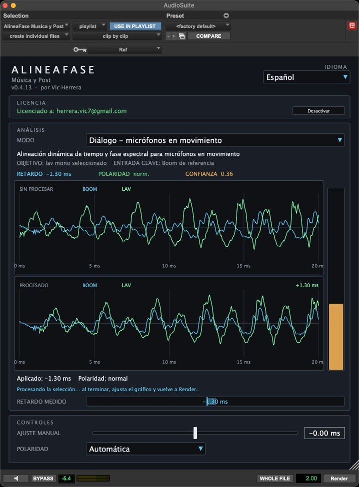 AlineaFase 0.4.13 en AudioSuite: boom y lav sin procesar arriba, alineados abajo, retardo −1.30 ms.